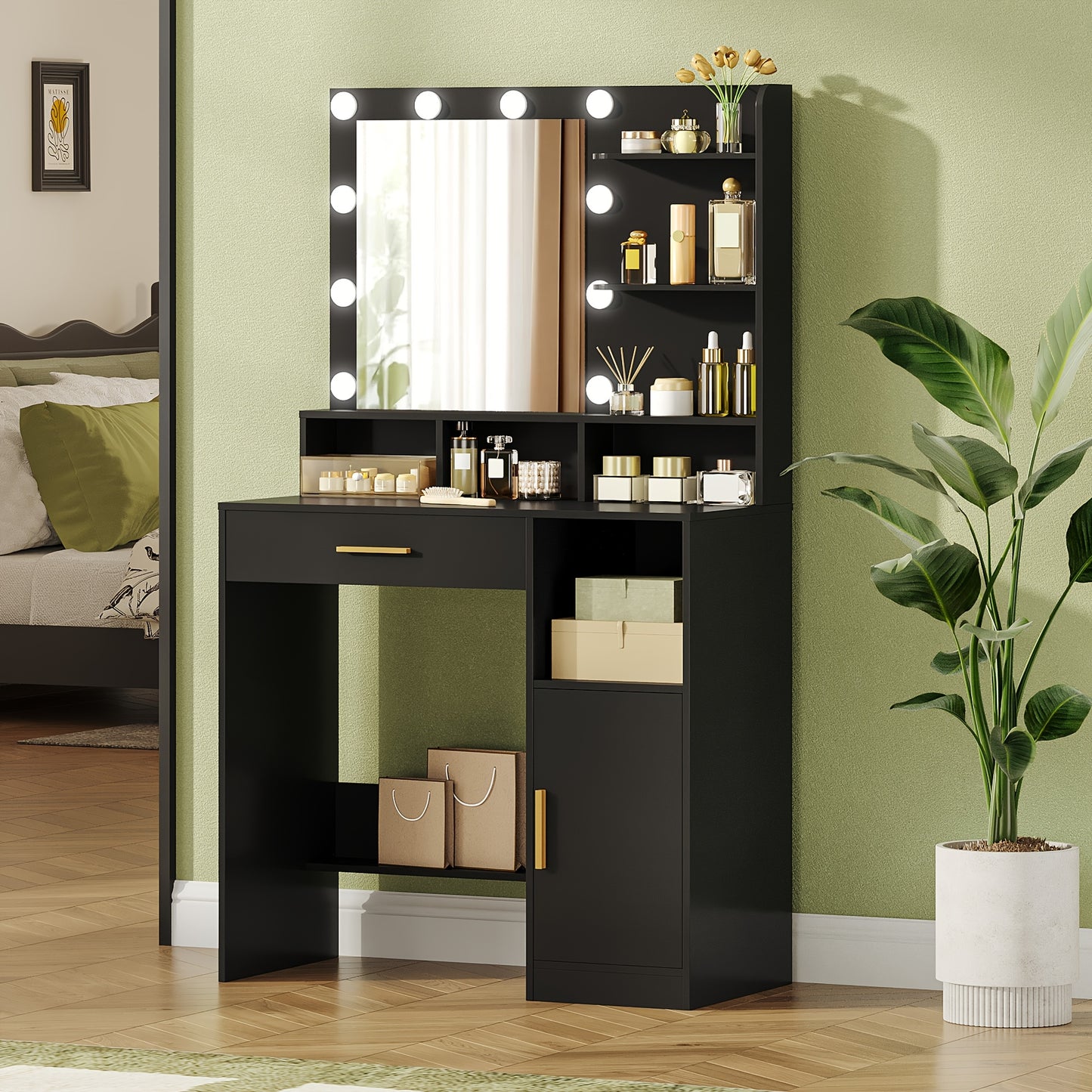 Make-up Tafel – Kaptafel – Schminktafel – Make-up Bureau – Vanity Set – Zwart – 10 LED Verlichting – Ruime Opbergruimte Met Laden En Planken