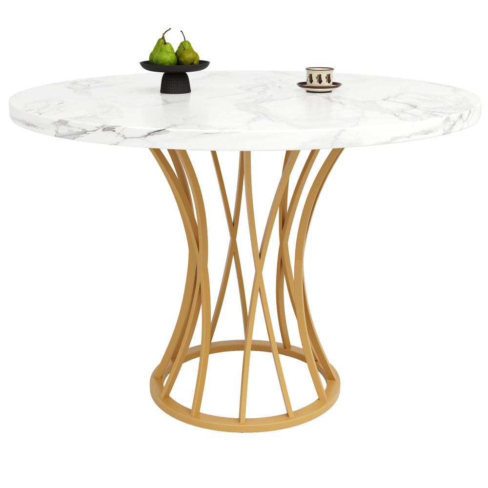 Eettafel – Ronde Tafel – Eetkamertafel – Keukentafel – Tafeltje – Marmerlook Blad – Gouden Glanzende Poot – 80x80x76 cm – Geschikt voor 4-6 Personen