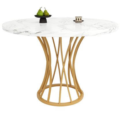Eettafel – Ronde Tafel – Eetkamertafel – Keukentafel – Tafeltje – Marmerlook Blad – Gouden Glanzende Poot – 80x80x76 cm – Geschikt voor 4-6 Personen