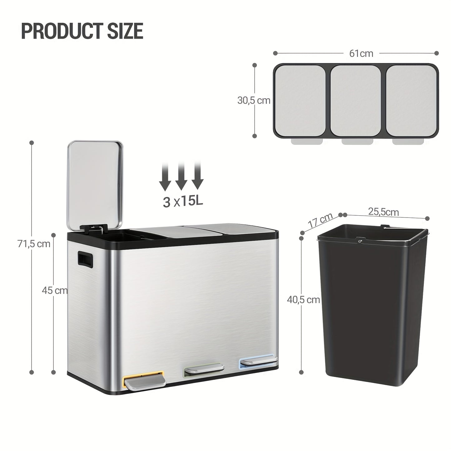 Kitchen Trash Can, Waste Separation System 3 Compartments 45L (3 X 15L), Stainless Steel Kitchen Trash Can, Pedal Bin with Color-coded Pedals, Waste Bin Quiet Slow Descent, Silvery