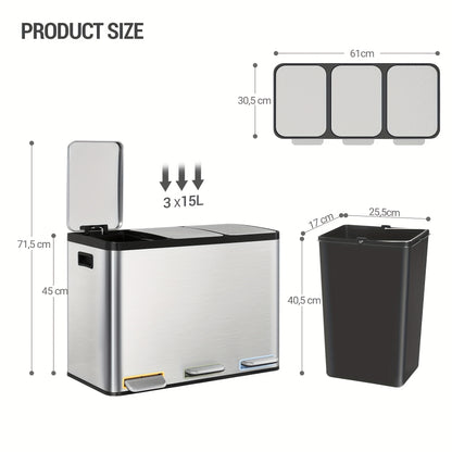 Kitchen Trash Can, Waste Separation System 3 Compartments 45L (3 X 15L), Stainless Steel Kitchen Trash Can, Pedal Bin with Color-coded Pedals, Waste Bin Quiet Slow Descent, Silvery