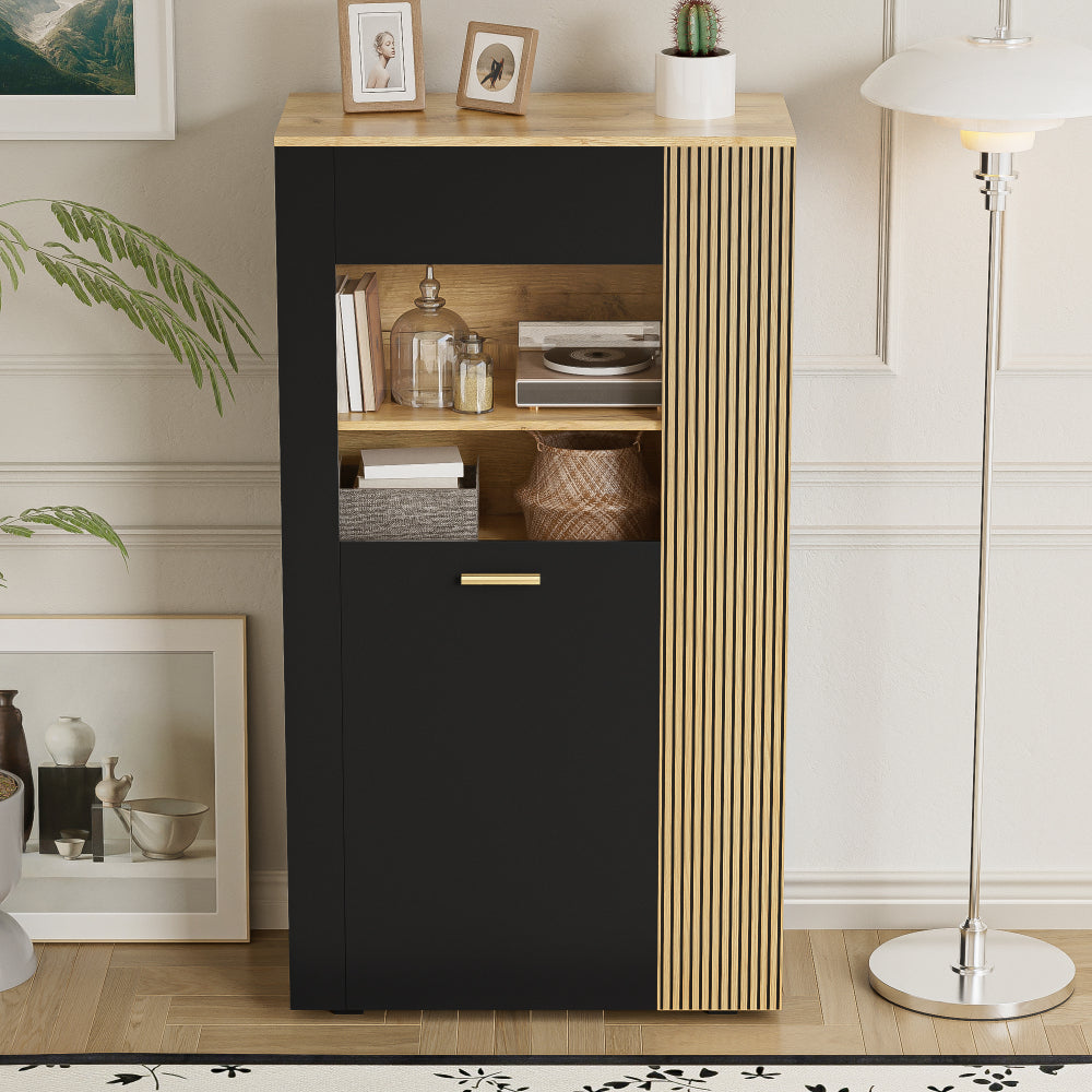 Opbergkast – Opbergmeubel – Kast Met Deuren – Buffetkast – Hoge Kast – Zwart – Moderne Glasdeuren – 3 Vaste + 2 Verstelbare Planken – Gouden Accentpoten – Ruimtebesparend & Duurzaam