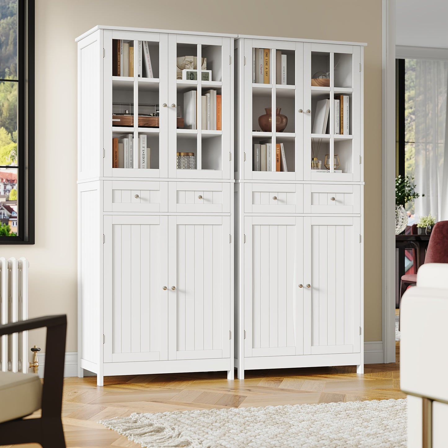Keukenkast – Voorraadkast – Opbergkast – Buffetkast – Keukenmeubel – 181 cm Hoog – MDF Hout Wit Met Glazen Deurtjes