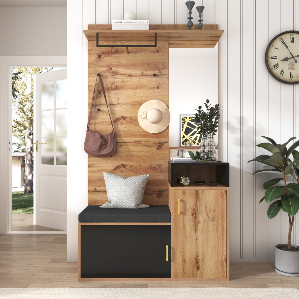 Coat rack and cloakroom suite, comprising four coat hooks, mirror, shoe cabinet, wall-mounted coat rack, top shelf, and hallway bench. Designed to meet diverse requirements, suitable for corridors and entrance halls.
