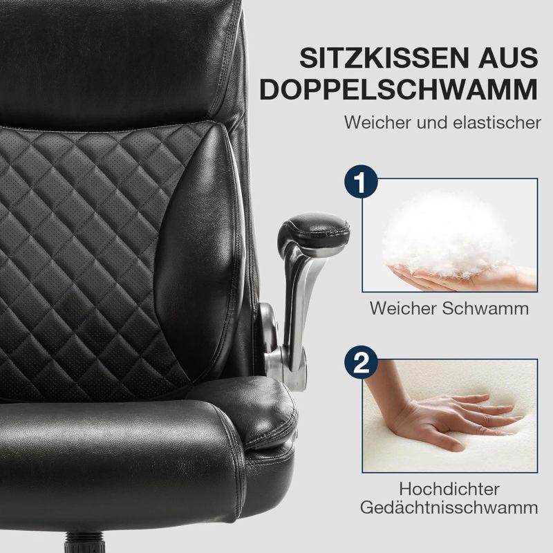 Bureaustoel – Computerstoel – Kantoorstoel – Directiestoel – Werkstoel – Ergonomische Hoge Rugleuning – Inklapbare Armleuningen – Draagvermogen 200 kg – PU Lederen Bekleding – Zwart