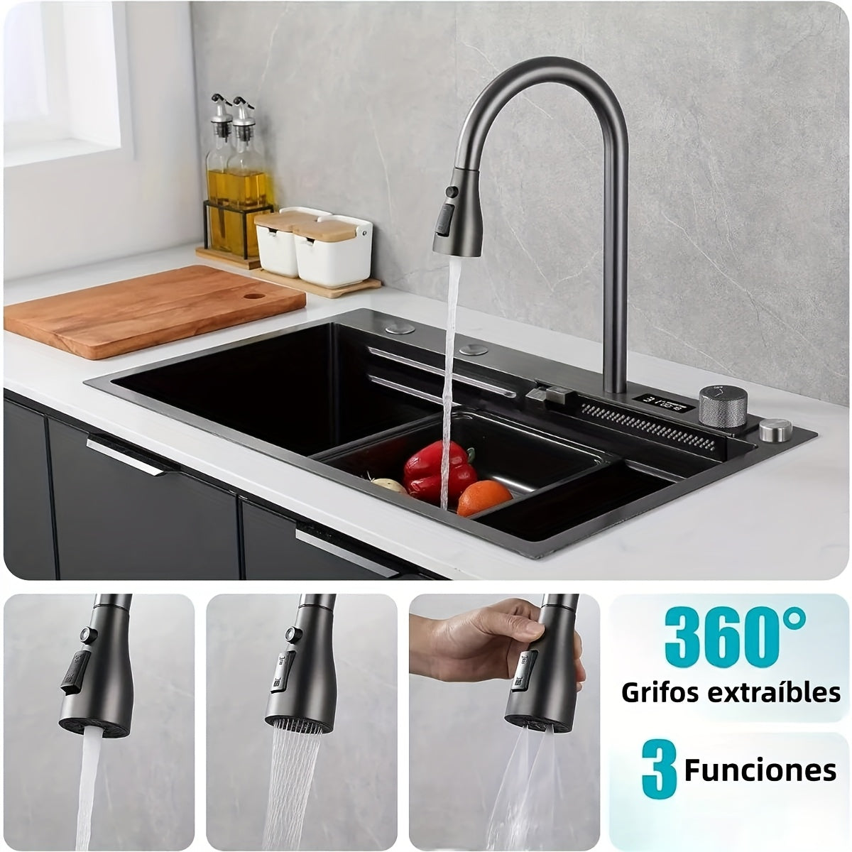 Keukenspoelbak – Gootsteen – Wasbak – Spoelbak – Inbouwspoelbak – RVS Zwart – 68x45 cm – Multifunctionele Kraan en Snijplank