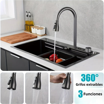 Keukenspoelbak – Gootsteen – Wasbak – Spoelbak – Inbouwspoelbak – RVS Zwart – 68x45 cm – Multifunctionele Kraan en Snijplank