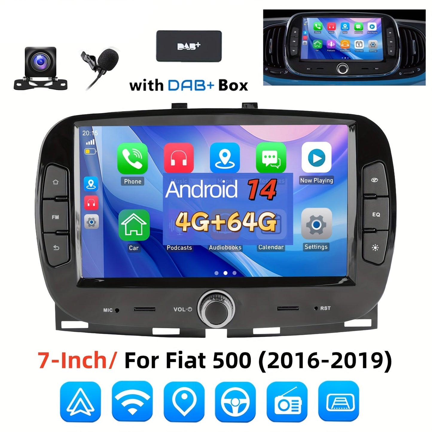 Multimedia Autoradio – 2 DIN Radio – Touchscreen Autoradio – Auto Stereo – Fiat 500 2016-2019 – 7 Inch HD Scherm – Android 14 Systeem