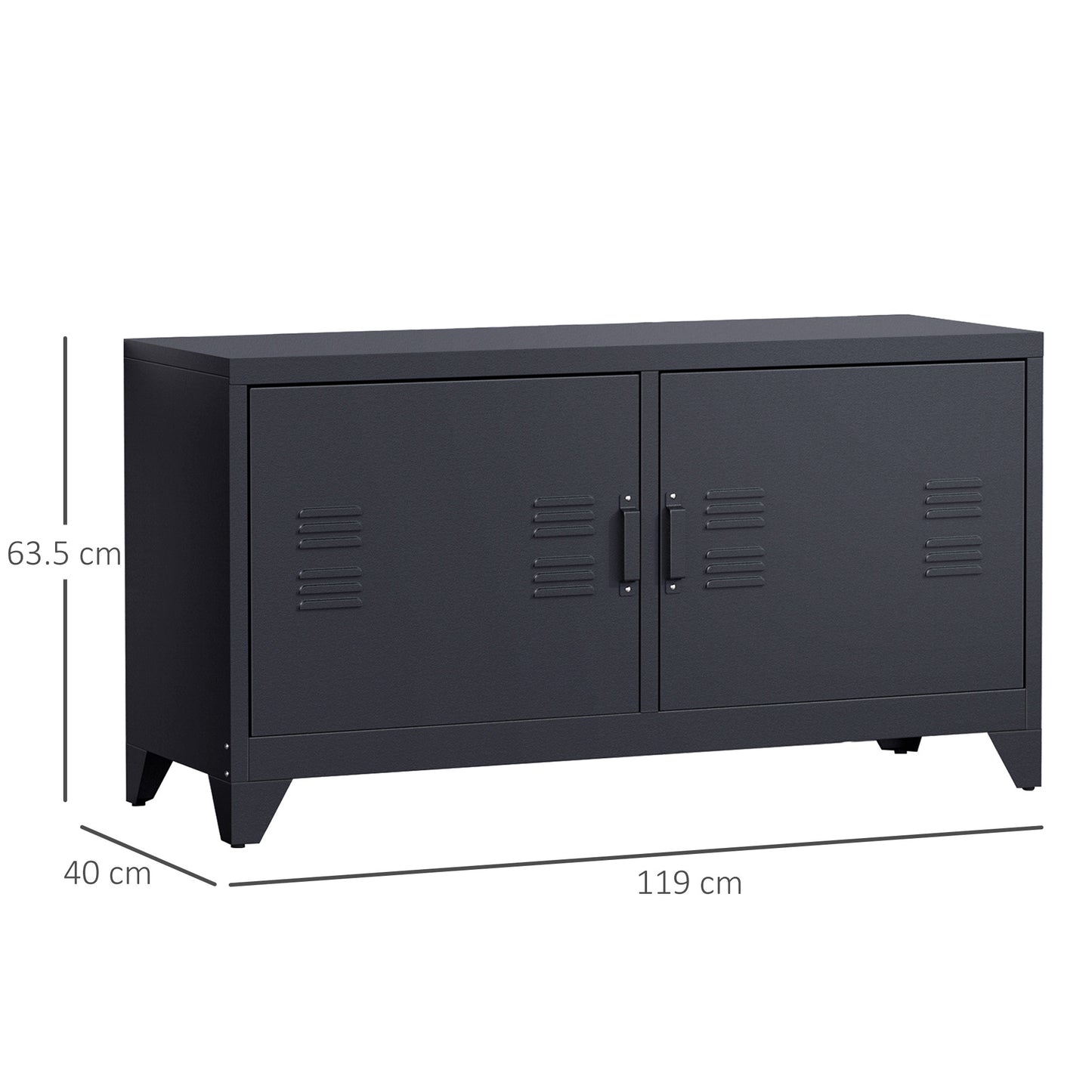 Industriële TV-kast – TV-meubel – TV-standaard – Tv-benk – Tv-dressoir – Zwart gepoedercoat staal – 2 kasten met verstelbare planken – Kabelbeheer en ventilatieroosters – 119 x 40 x 63,5 cm