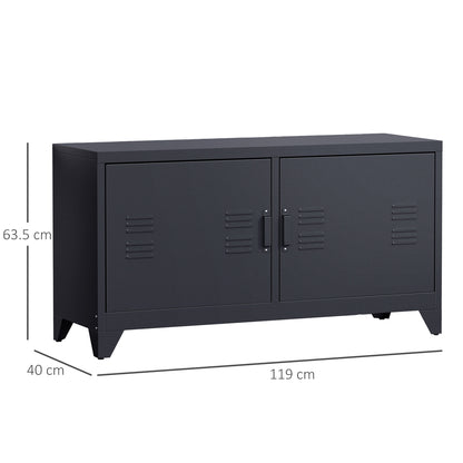 Industriële TV-kast – TV-meubel – TV-standaard – Tv-benk – Tv-dressoir – Zwart gepoedercoat staal – 2 kasten met verstelbare planken – Kabelbeheer en ventilatieroosters – 119 x 40 x 63,5 cm