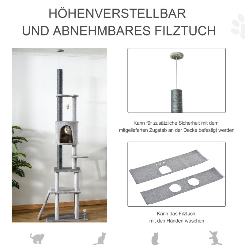 Krabpaal – Klimpaal – Krabmeubel – Kattenpaal – Kattenboom – Verstelbaar Tot 225 cm – Stevig Sisal Krabmateriaal – Lichtgrijs