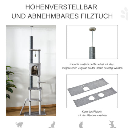 Krabpaal – Klimpaal – Krabmeubel – Kattenpaal – Kattenboom – Verstelbaar Tot 225 cm – Stevig Sisal Krabmateriaal – Lichtgrijs