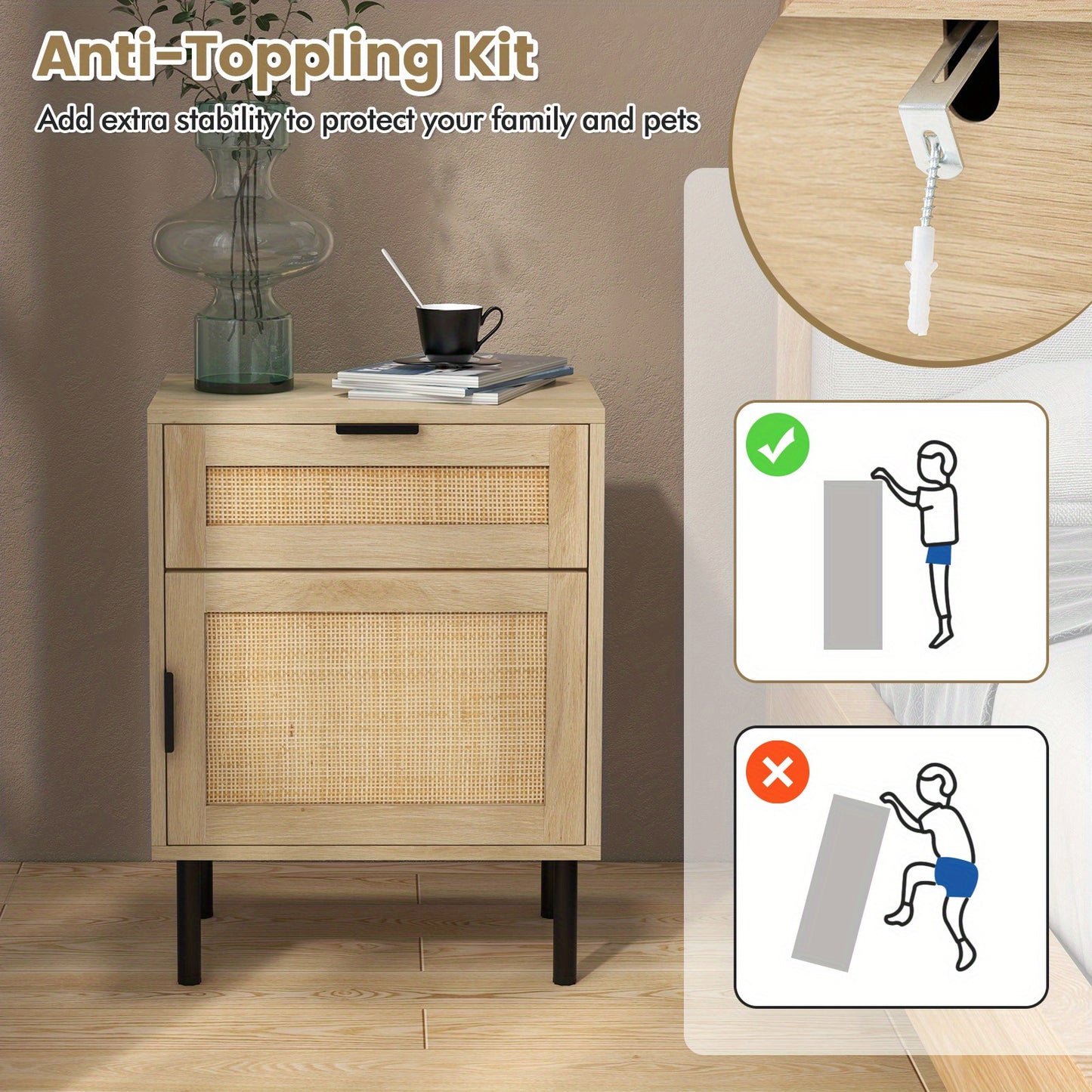 Nachtkastje – Bedside Table – Opbergkastje – Slaapkamerkastje – Tafeltje – Set Van 2 – Natuurlijk Rattan Met Metalen Poten – Lade En Kastje