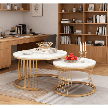Ronde Bijzettafels – Salontafel – Side Table – Nesting Tafels – Accenttafel – Wit Marmerlook – MDF Metalen Onderstel – Compact & Ruimtebesparend