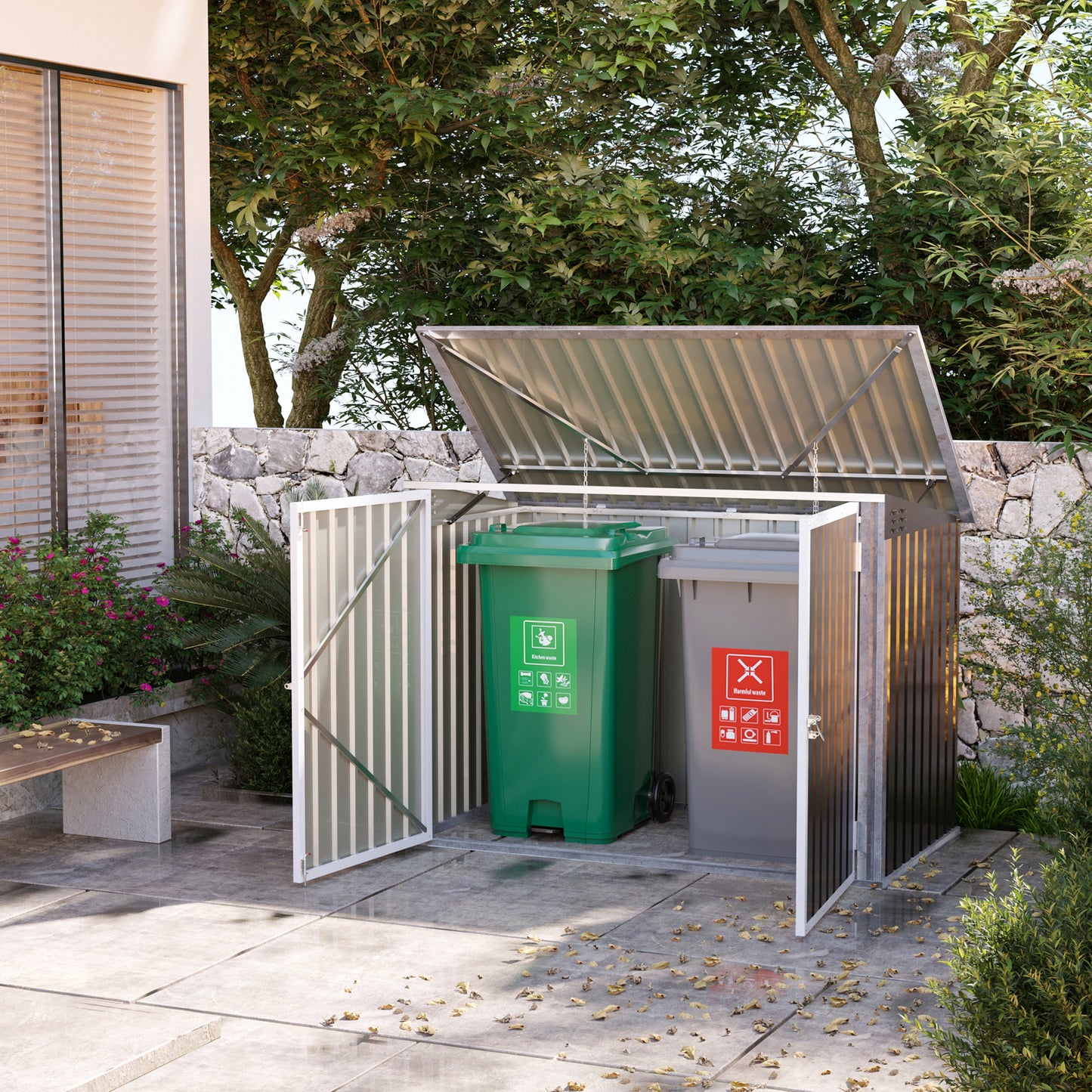Afvalcontainerbox – Afvalopslag – Afvalbakberging – Afvalcontainerberging – Afvalbox – Gepoedercoat Staal – Afsluitbaar Met Pneumatisch Dak – Geschikt Voor 2 Afvalcontainers – Zwart