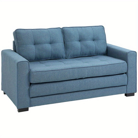 Slaapbank – 2-Zitsbank – Bedbank – Uitklapbank – Zetelbed – Linnen Look Stof – Inklapbaar – Rubberen Houten Frame – Blauw – Compact 147,5x75x85 cm
