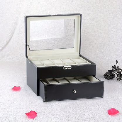 20 Slot Watch Box with Lock, Double Layer PU Watch Case Organiser Display with Glass Top, 29x21x17cm Storage for Men Women (Black), Large Watch Box, Watches Case Storage for Women, Watch Box for Men, Watch Storage Case, Watch