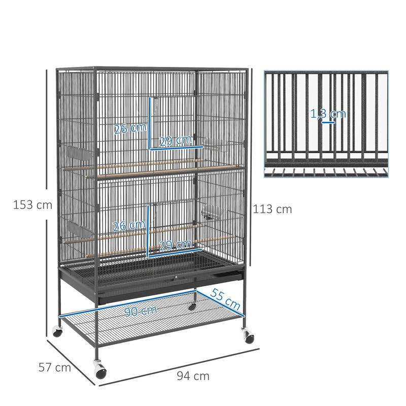 Bird Cage Including Perches, Bird Toys, Removable Bottom Tray, 1 Shelf, Grey