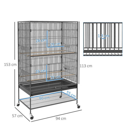 Bird Cage Including Perches, Bird Toys, Removable Bottom Tray, 1 Shelf, Grey
