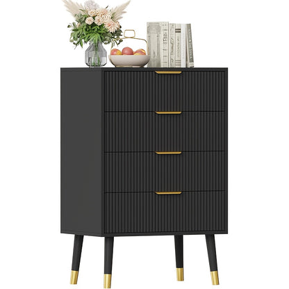 White Bohemian Dresser with Golden-Toned Legs & 4-Drawer Fluted Cabinet - Modern Small Chest of Drawers, ≥68.58cm Height, ≥3.2 Cu Ft Storage, Assembly Required for Bedroom,W Office - Versatile Furniture Organizer, Dresser