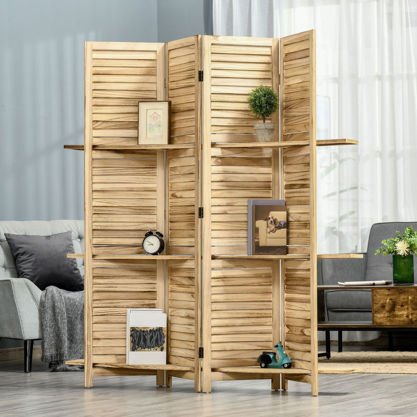Kamer-scherm – Roomdivider – Scheidingswand – Vouwdeur – Scherm met Planken – Paulownia Hout – 4 Panels 162x170 cm – 3 Opbergplanken – Autoclave Den Look