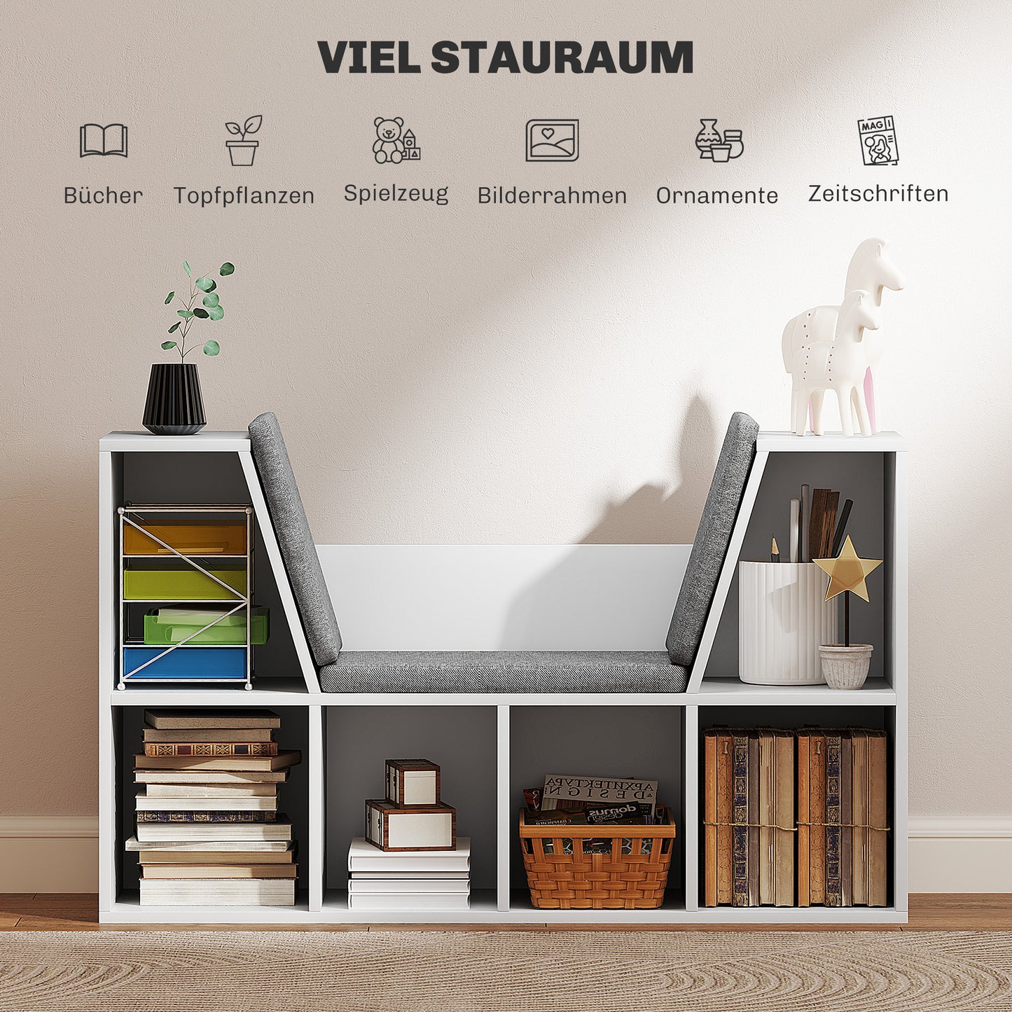 Boekenkast met Zithoek – Boekenkast – Opbergmeubel – Zitbank – Leeshoek – Wit – 6 Compartimenten – Gestoffeerde Zitting – 105x30x63 cm