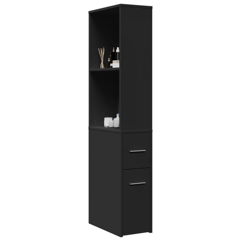 Badkamerkast – Badkamermeubel – Opbergkast – Kolomkast – Opbergmeubel – Smal – Op Wieltjes – Hoogwaardig Hout – 2 Lades & Open Plank – Zwart