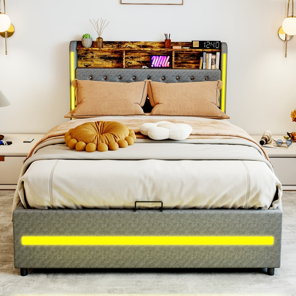 Modern Upholstered Double Bed Frame with Hydraulic Storage & LED Headboard - Lift-Up Platform Bed Suitable for Small Spaces, Grey Bed 140x200cm, Easy Assembly (No Mattress Included)