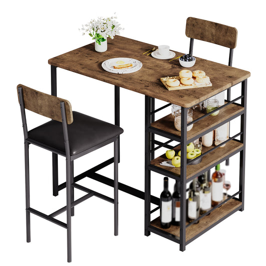 Retro Industriële Bar Set – Bistro Set – Keukentafel Met Stoelen – Barmeubel – Ontbijthoek Meubel – Compact 3-Delig – Duurzaam Hout En Metaal – Met 3 Niveaus Planken