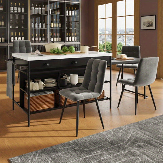 Modern Black Metal & MDF Modern Kitchen Island Bar Table Set with 4 Gray Cushioned Chairs - Multifunctional Dining Table with Storage Shelves & Cabinets, Expandable Worktop, Space-Saving Design for  Kitchens, Living Room, Home Office - Easy Assembly Requi