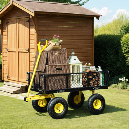 Tuinwagen – Transportwagen – Kar – Wagon – Aanhanger – Afneembare Zijden – 180° Draaibare Hendel – Stalen Frame 200 kg Draagkracht – Zwart/Geel