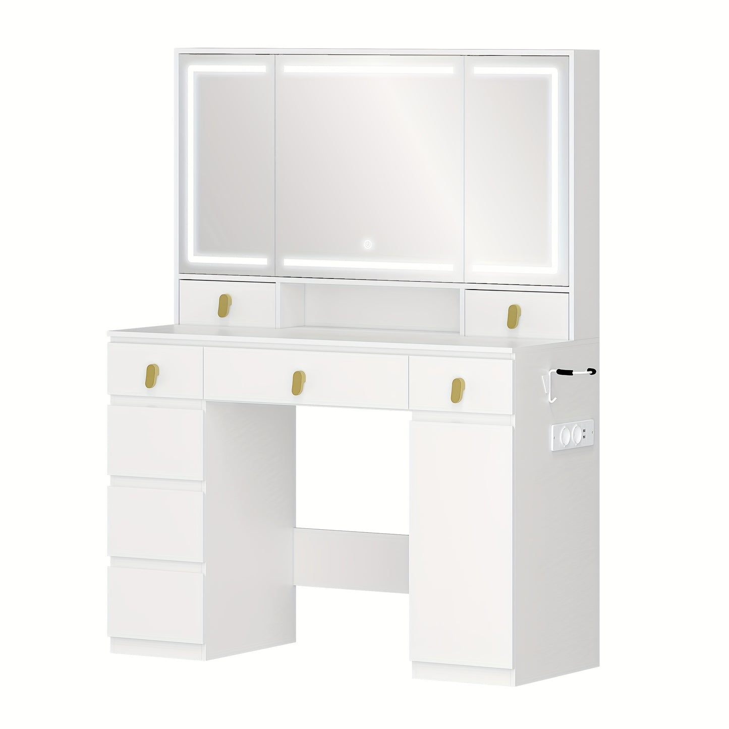 Make-uptafel – Kaptafel – Schminktisch – Make-up Bureau – Wit – LED Verlichting Met Driedelige Spiegel – 8 Laden & Opbergruimte