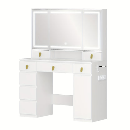 Make-uptafel – Kaptafel – Schminktisch – Make-up Bureau – Wit – LED Verlichting Met Driedelige Spiegel – 8 Laden & Opbergruimte