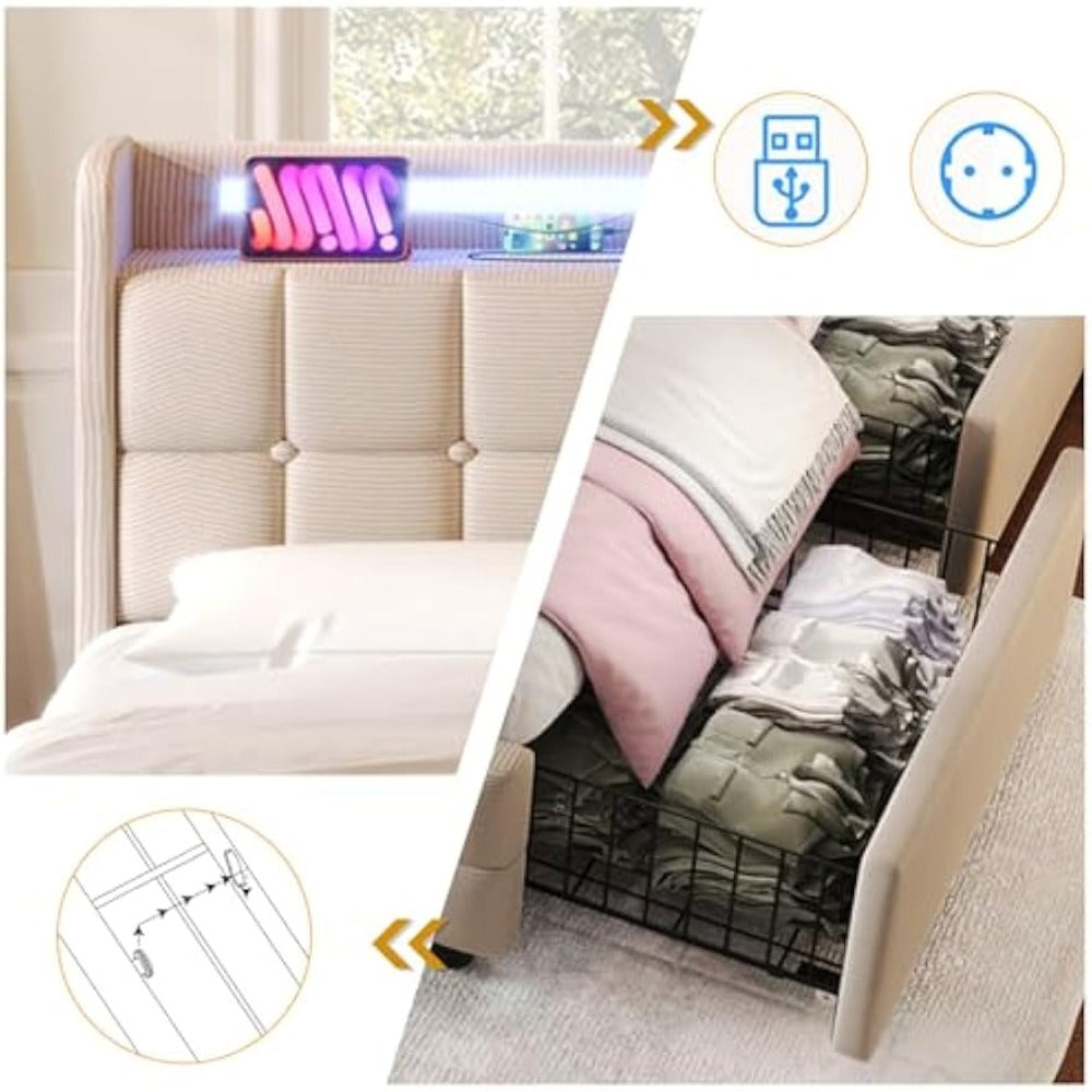 Bedframe – Gestoffeerd Bed – Tweepersoonsbed – Platformbed – Opbergbed – 160x200 cm – Linnen Bekleding – USB Oplaadstation – Verstelbare LED Verlichting