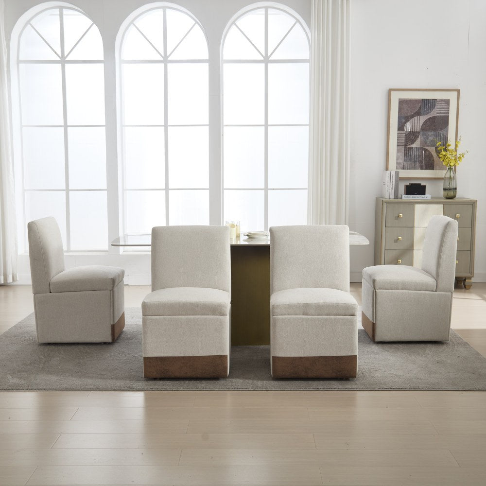 Eetkamerstoelen – Stoelen – Dining Chairs – Armloze Stoel – Linnen Stoel – Beige Linnen – Met Wieltjes – Met Opbergruimte