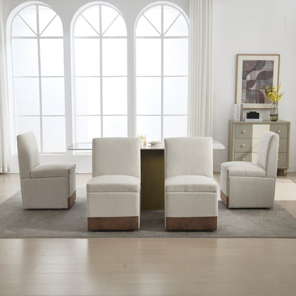 Eetkamerstoelen – Stoelen – Dining Chairs – Armloze Stoel – Linnen Stoel – Beige Linnen – Met Wieltjes – Met Opbergruimte