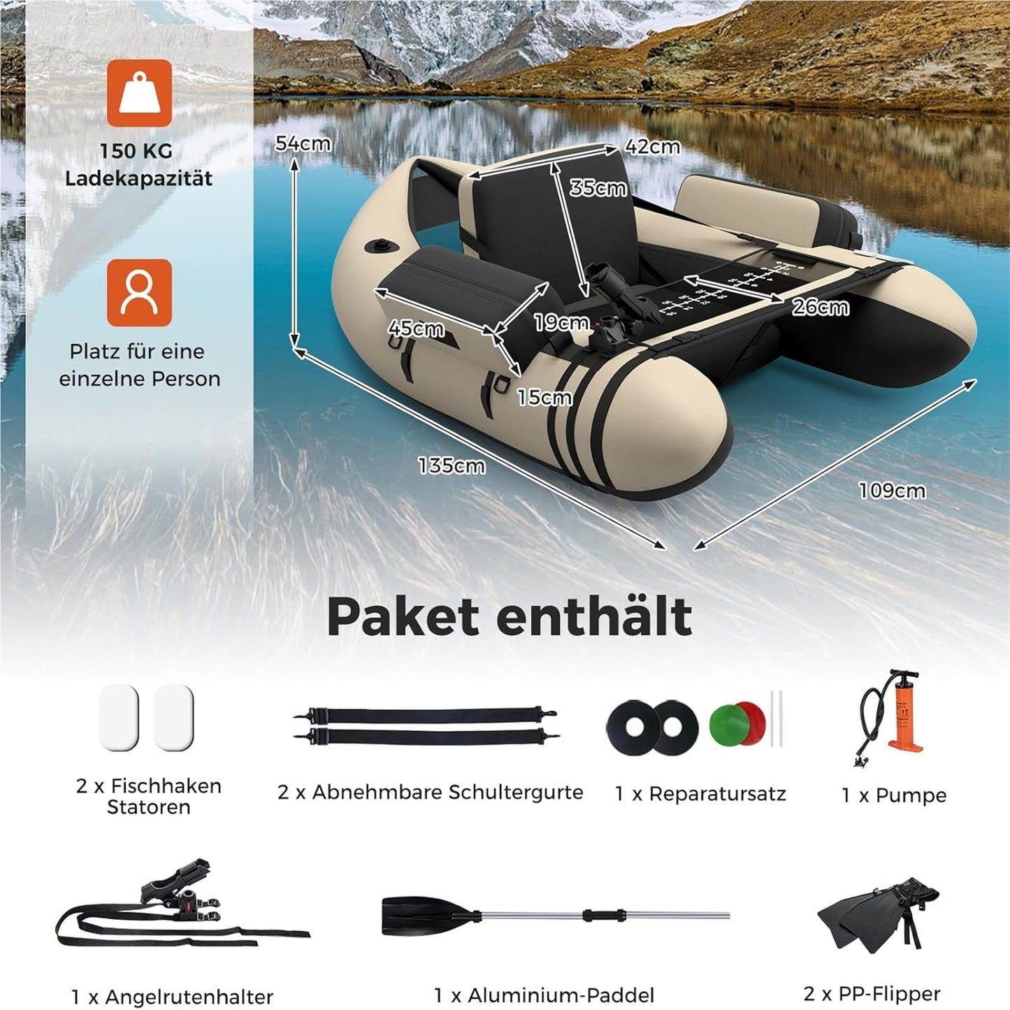 Opblaasbare Visboot – Belly Boat – Vissersboot – Inflatable Kano – Vlot Voor Volwassenen – Inclusief Pomp en Peddels – 150 kg Draagvermogen – Verstelbare Rugleuning – Beige – 135 x 109 x 54 cm