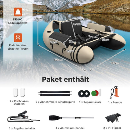Opblaasbare Visboot – Belly Boat – Vissersboot – Inflatable Kano – Vlot Voor Volwassenen – Inclusief Pomp en Peddels – 150 kg Draagvermogen – Verstelbare Rugleuning – Beige – 135 x 109 x 54 cm