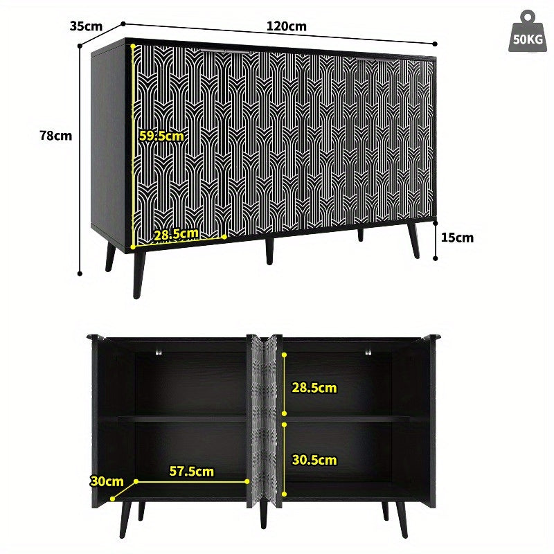 Zwart Metalen Opbergkast – Staande Kast – Dressoir – Kledingkast – Opbermeubel – 120x35x78 cm – Herringbone Deurdesign – Stevige Duurzame Constructie