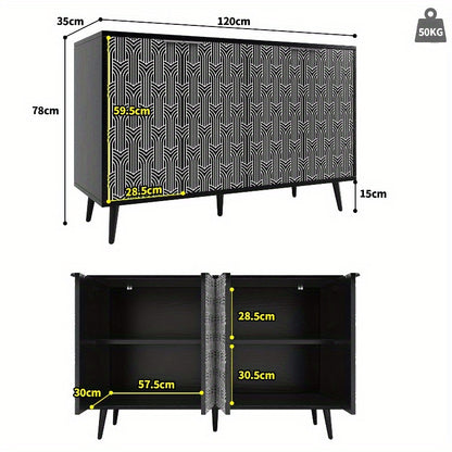 Zwart Metalen Opbergkast – Staande Kast – Dressoir – Kledingkast – Opbermeubel – 120x35x78 cm – Herringbone Deurdesign – Stevige Duurzame Constructie