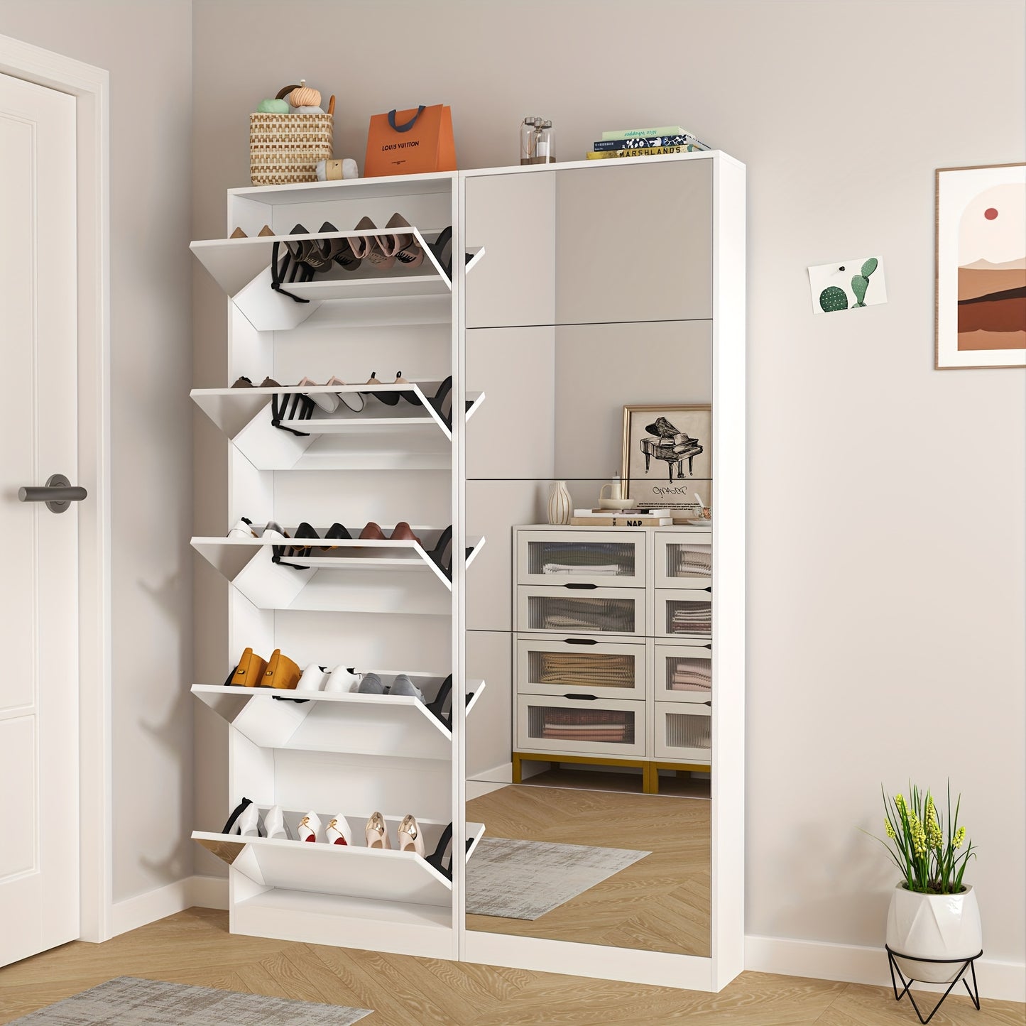 Schoenenkast – Schoenenrek – Schoenenopberger – Halkast – Schoenenbank – Spiegeldeur – Ruimtebesparend Design – Hout