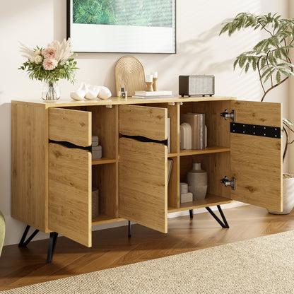 BTM Sideboard / Cupboard / Storage Cabinet in Wood Look, Modern 3-Door Storage Sideboard with Clear Lines, Doors And Metal Legs in Scandinavian Style, 140×40×75.5 Cm