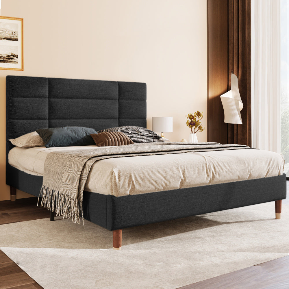 Bedframe – Houten Bed – Eenpersoonsbed – Opbergbed – Slaapbank – Modern Design – 140x200 cm – Massief Hardhout & Linnen – Geen Elektriciteit – Ruimtebesparend – Zwart