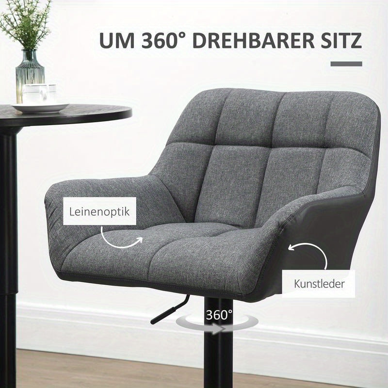 Bar stools set of 2 retro design height adjustable faux leather linen look grey + black