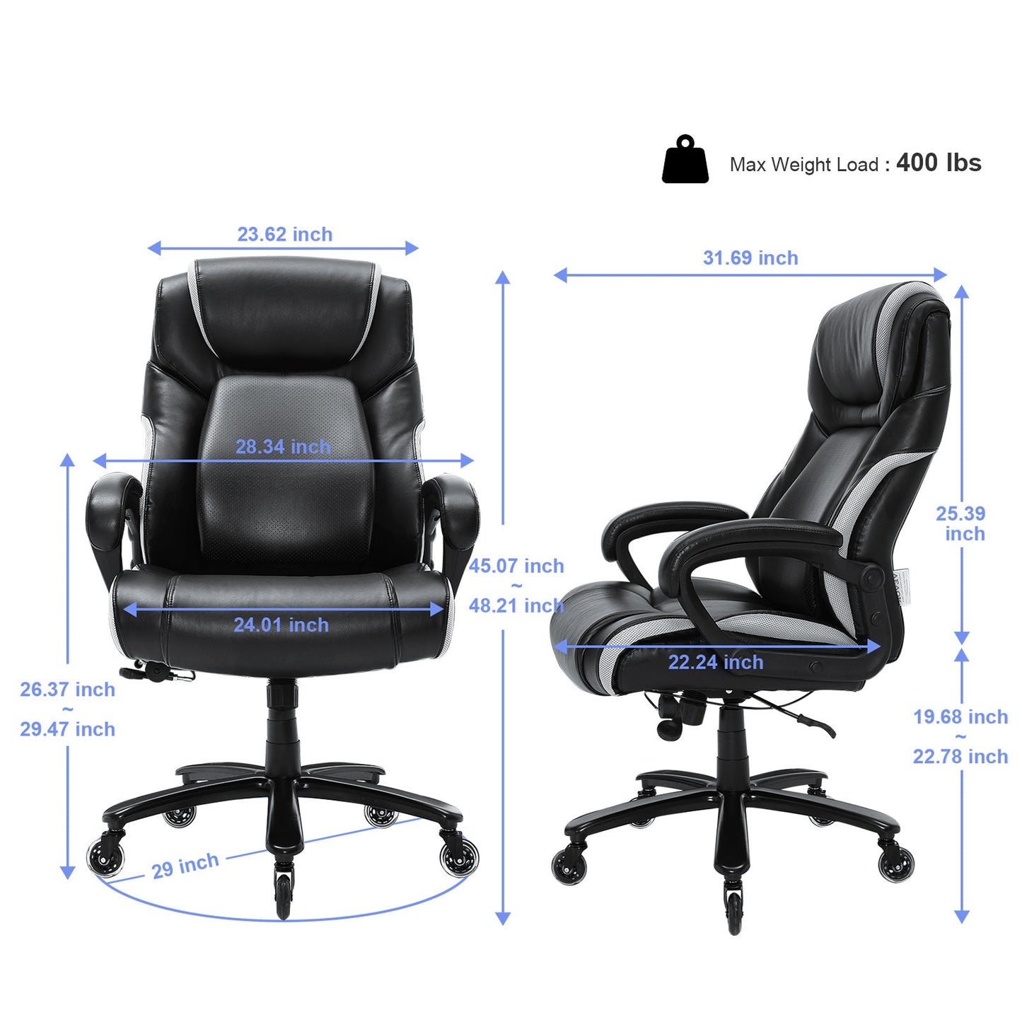 Ergonomische Bureaustoel – Bureaustoel Draaistoel Kantoorstoel Werkstoel Bureaustoel Met Lendensteun – Zwart – Verstelbare Rugondersteuning – Dikke Waterfall Zitting