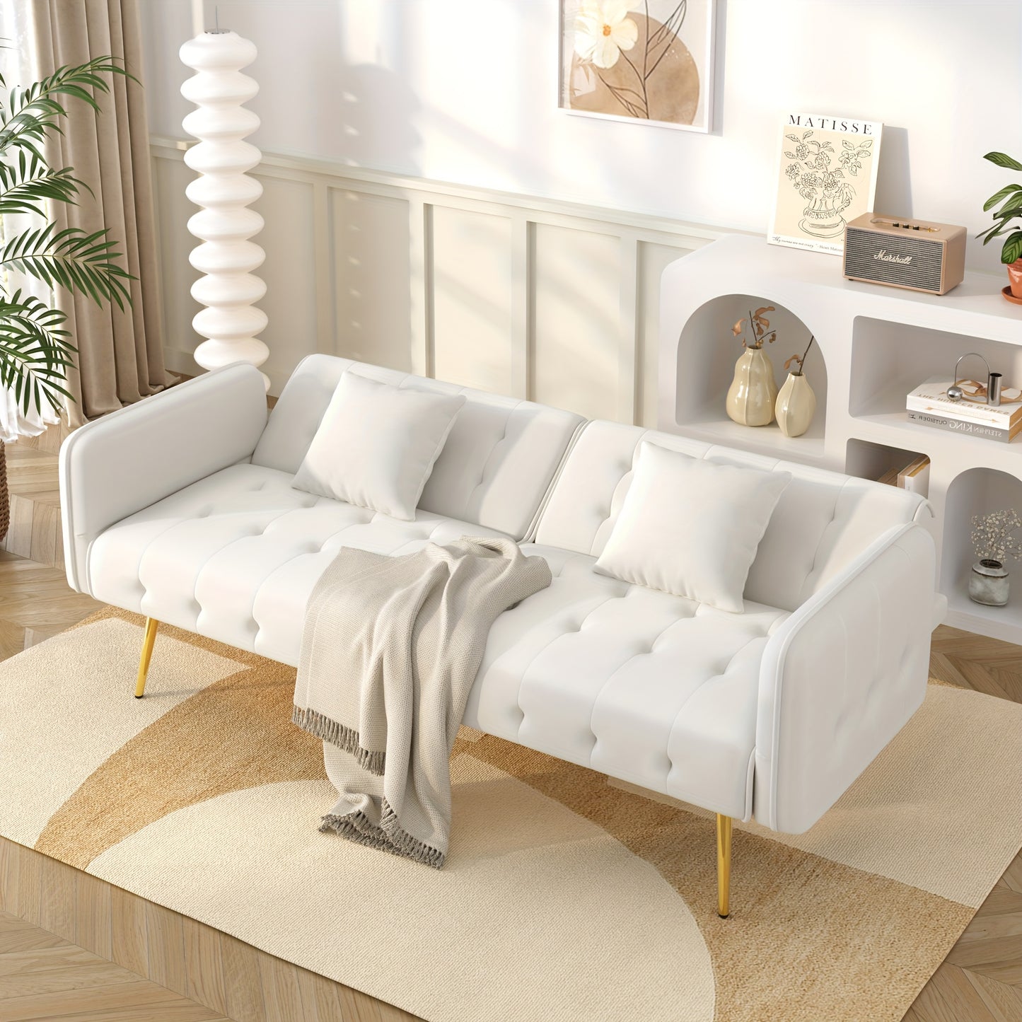 Bankbed – Slaapbank – Bedbank – Sofa – Logeerbed – Modern Wit – Verstelbare Rugleuning & Armleuningen – Handmatige Bediening Zonder Elektriciteit