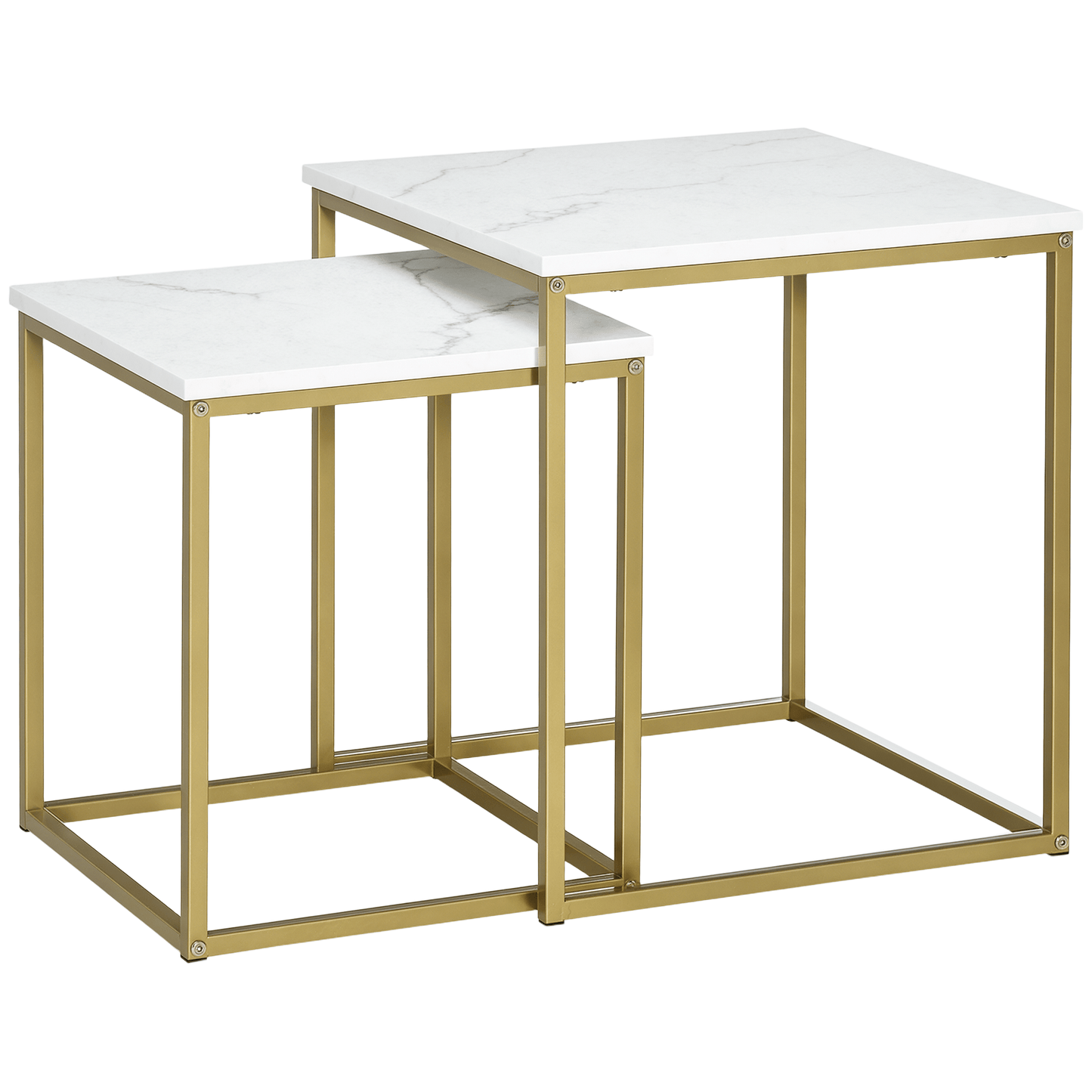 Bijzettafels – Bijzettafel – Salontafel – Tafeltje – Stapelbare Tafels – Wit – Marmerlook Tafelblad – Goudkleurig Metalen Frame