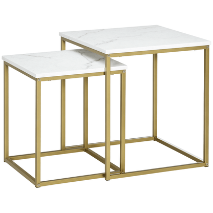 Bijzettafels – Bijzettafel – Salontafel – Tafeltje – Stapelbare Tafels – Wit – Marmerlook Tafelblad – Goudkleurig Metalen Frame