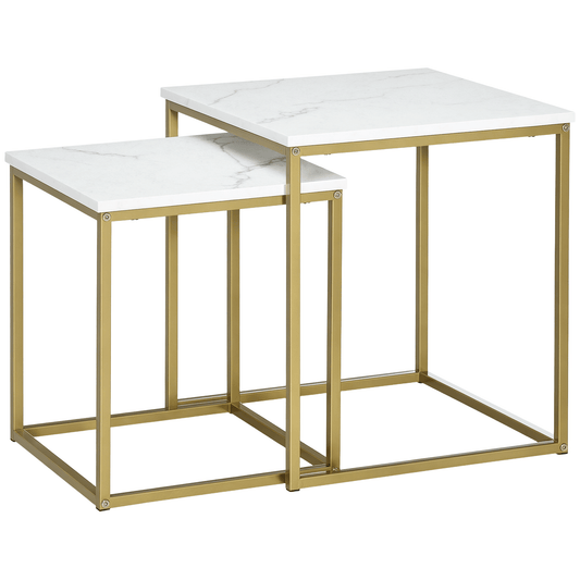 Bijzettafels – Bijzettafel – Salontafel – Tafeltje – Stapelbare Tafels – Wit – Marmerlook Tafelblad – Goudkleurig Metalen Frame