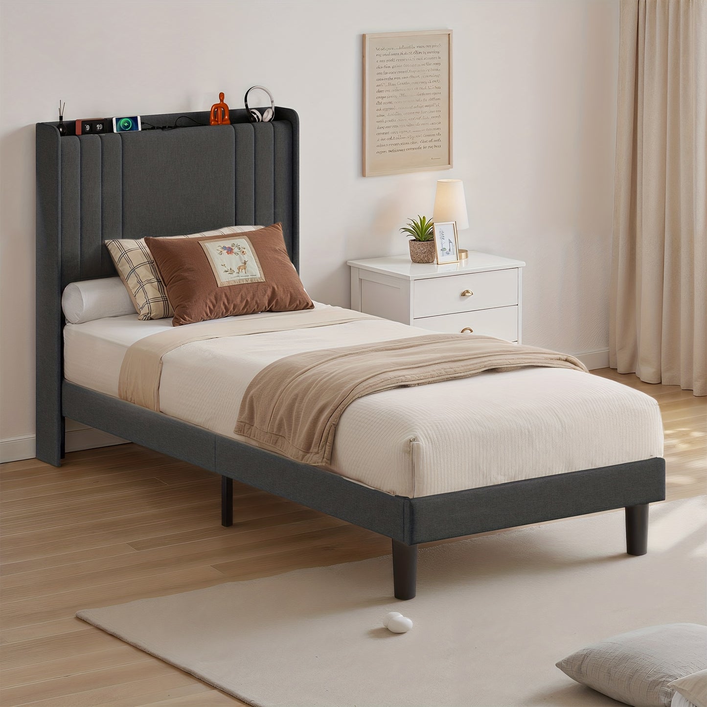 Eenpersoonsbed – Bedframe – Slaapbank – Opbergbed – Stijlvol Bed – Donkergrijs – Geluidsarm – 16 cm Opbergruimte Onderbed